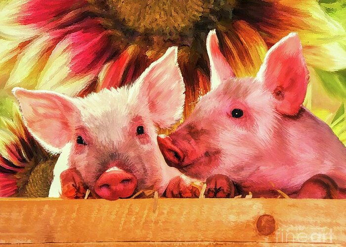 Piglets Greeting Card featuring the painting Piglet Playmates by Tina LeCour