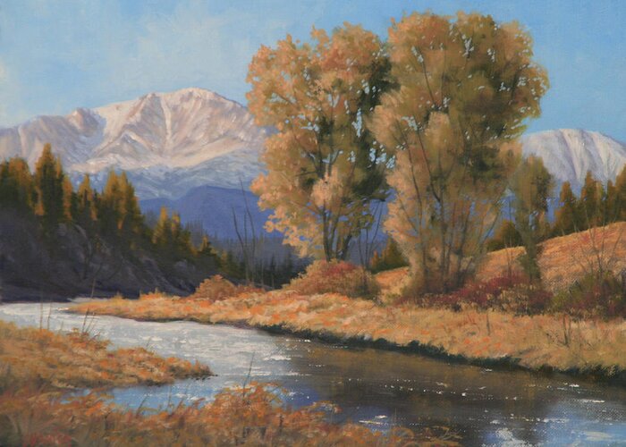 Pikes Peak Greeting Card featuring the painting Pikes Peak and Cottonwoods 120418-1114 by Kenneth Shanika