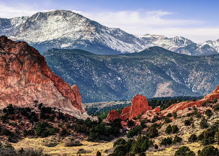 America Greeting Card featuring the photograph Pikes Peak Mountain Panorama - Colorado Springs by Gregory Ballos