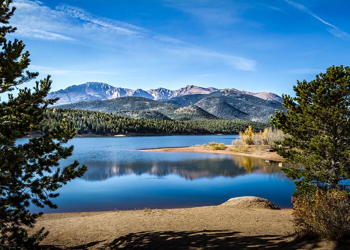 Blue Sky Greeting Card featuring the photograph Pikes Peak Over Crystal Lake by Ron Pate