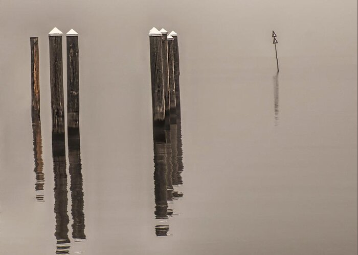 Pilings Greeting Card featuring the photograph Reflections In The Fog by Gary Slawsky