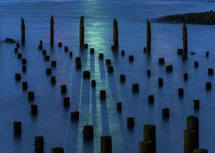 Abstract Greeting Card featuring the photograph Pilings and Ship Light by Robert Potts
