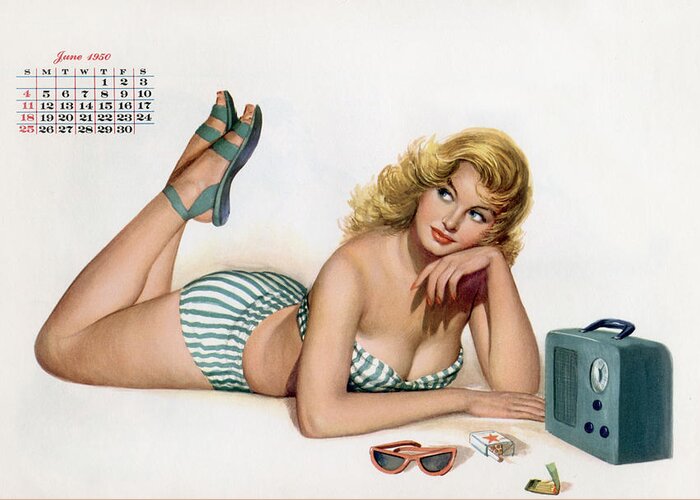 Bikini Greeting Card featuring the drawing Pin up listening to radio by American School