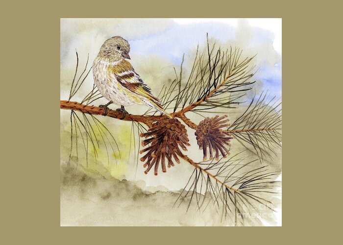 Wren Greeting Card featuring the painting Pine Siskin among the Pinecones by Thom Glace