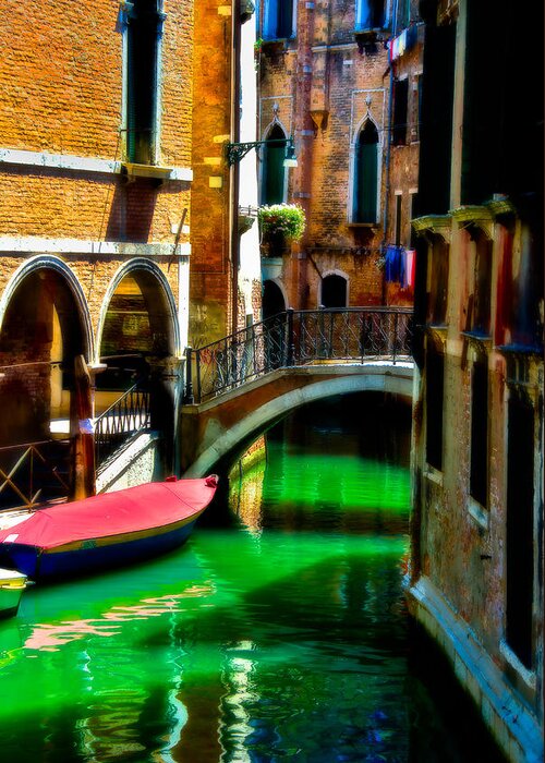 Gondola Greeting Card featuring the photograph Pink Boat and Canal by Harry Spitz