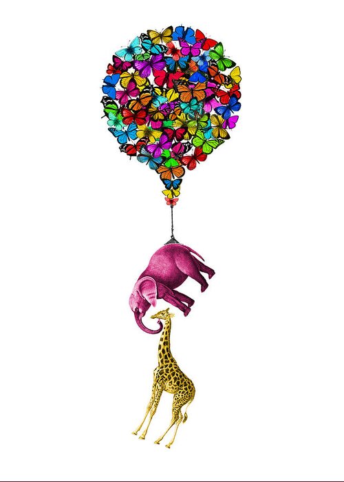 Pink Greeting Card featuring the digital art Pink elephant and giraffe hanging from a butterfly balloon by Madame Memento