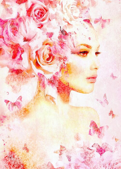 Pink Greeting Card featuring the digital art Pink Floral Nymph in watercolor by Lilia S
