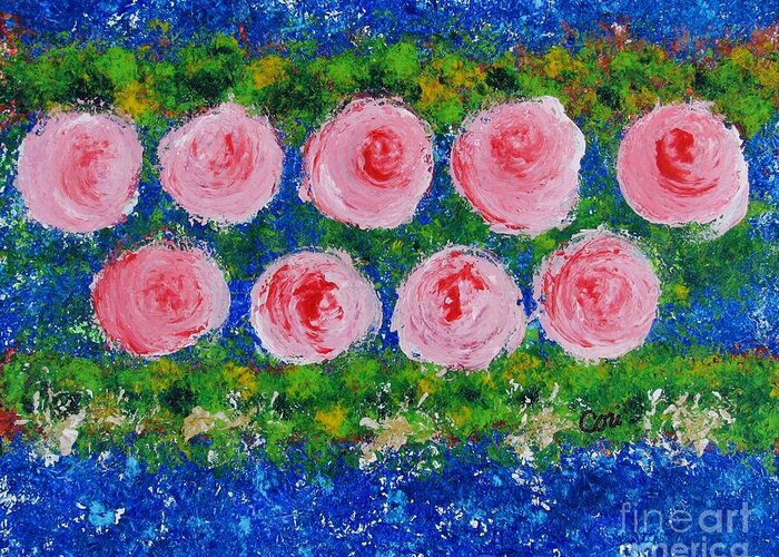 Rose Greeting Card featuring the painting Pink Flowers on Green and Blue by Corinne Carroll