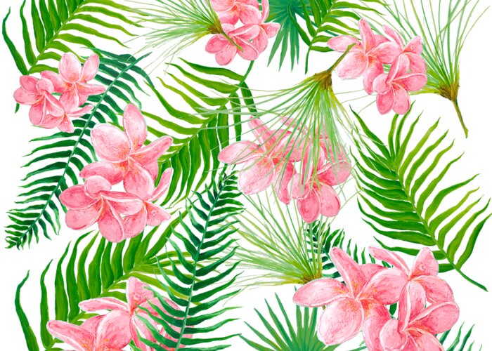 Fern Leaves Greeting Card featuring the painting Pink Frangipani and Fern Leaves by Jan Matson