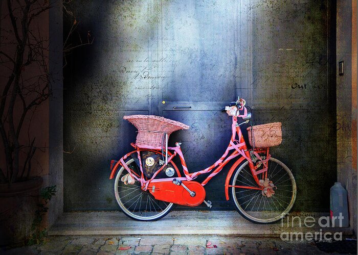 Montefalco Greeting Card featuring the photograph Pink Garage Bicycle by Craig J Satterlee
