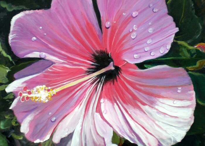 Pink Greeting Card featuring the painting Pink Hibiscus with Raindrops by Marionette Taboniar