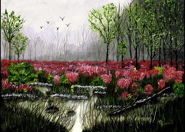 Pink Bushes Greeting Card featuring the painting Pink Marsh by Martha Crenshaw