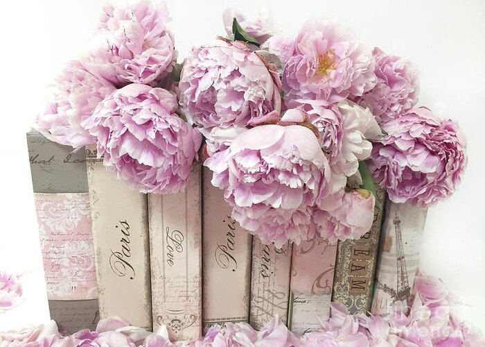 Pink Peonies Paris Books Romantic Shabby Chic Wall Art Home Decor Greeting  Card by Kathy Fornal