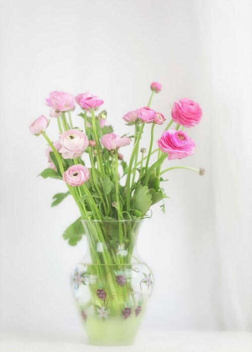 Ranunculus Greeting Card featuring the photograph Pink Ranunculus in Glass Vase by Susan Gary