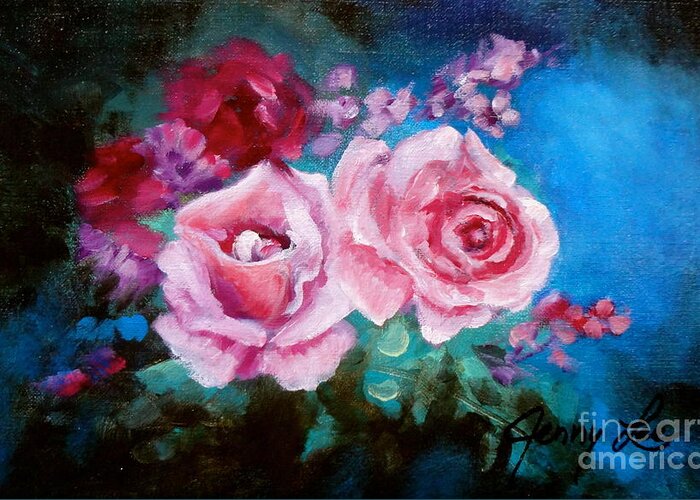 Pink Greeting Card featuring the painting Pink Roses on Blue by Jenny Lee