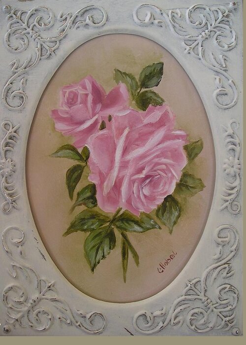 Pink Roses Greeting Card featuring the painting Pink Roses Oval Framed by Chris Hobel