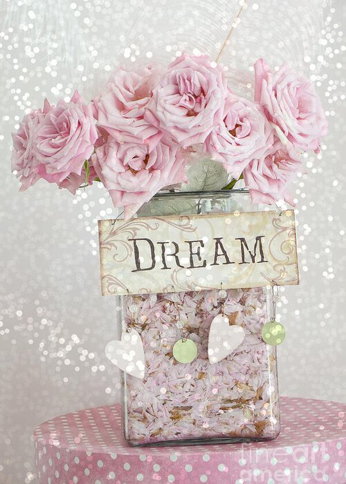 Roses Greeting Card featuring the photograph Shabby Chic Dreamy Pink Roses - Cottage Chic Pink Romantic Roses In Jar - Dream Roses by Kathy Fornal
