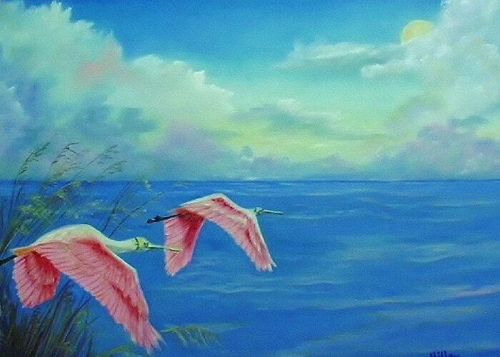 Birds Greeting Card featuring the painting Pink Spoonbills by Peggy Miller