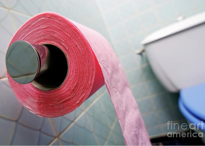 Horizontal Greeting Card featuring the photograph Pink toilet roll on holder in bathroom by Sami Sarkis