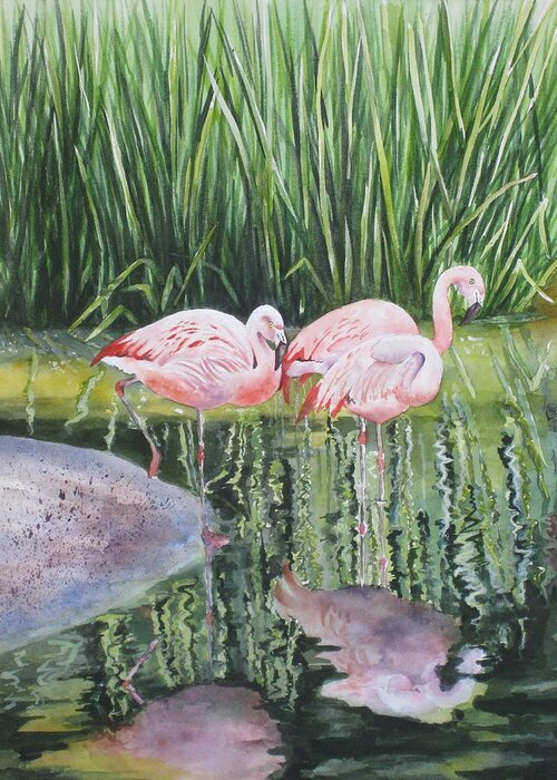 Flamingos Greeting Card featuring the painting Pink Trio by Mary McCullah