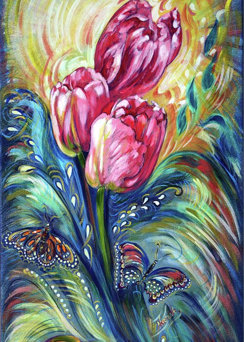 Tulip Greeting Card featuring the painting Pink Tulips and Butterflies by Harsh Malik