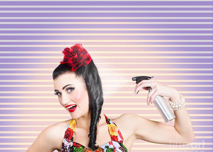 Funny Greeting Card featuring the photograph Pinup woman styling a hold with hair product by Jorgo Photography