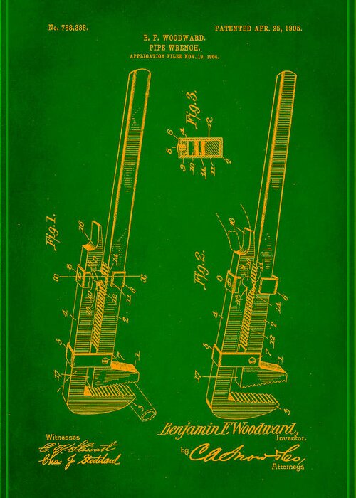 Patent Greeting Card featuring the mixed media Pipe Wrench Patent Drawing 2b by Brian Reaves