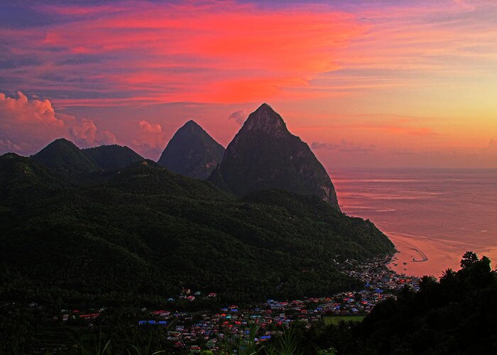 Sunset Greeting Card featuring the photograph Pitons At Sunset- St Lucia by Chester Williams