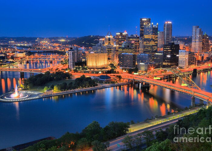 Pittsburgh Greeting Card featuring the photograph Pittsburgh Evening Glow by Adam Jewell