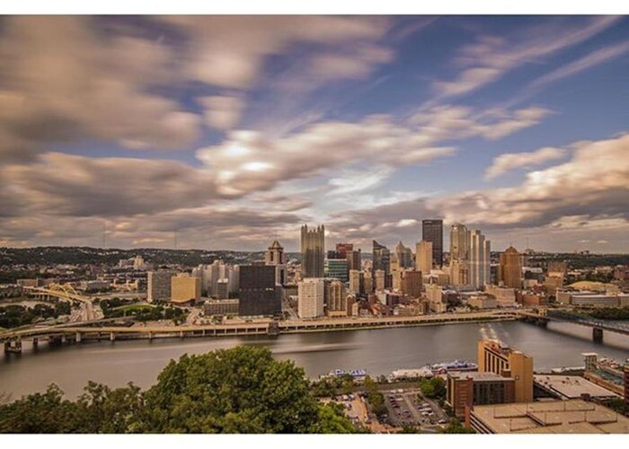Bridge Greeting Card featuring the photograph Pittsburgh Long Exposure Skyline. The by David Haskett II