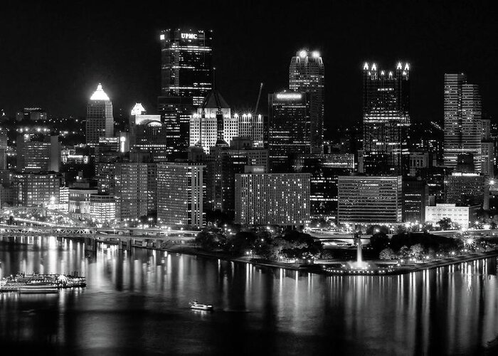Black And White Greeting Card featuring the photograph Pittsburgh Nightscape Black and White by Michelle Joseph-Long