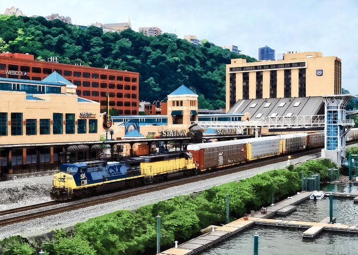 Pittsburgh Greeting Card featuring the photograph Pittsburgh PA - Freight Train Going By Station Square by Susan Savad