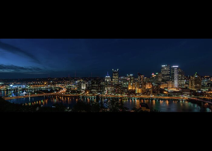 Terry D Photography Greeting Card featuring the photograph Pittsburgh Skyline at Dusk Panoramic by Terry DeLuco