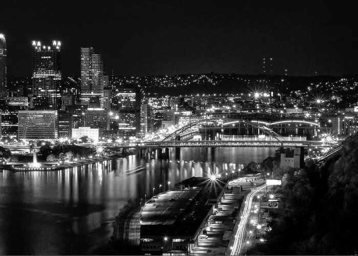 Black And White Greeting Card featuring the photograph Pittsburgh Skyline at Night by Michelle Joseph-Long