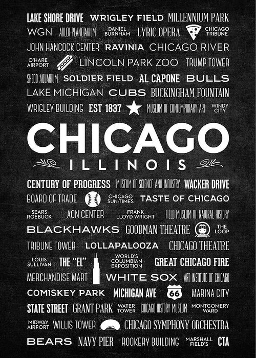 This Print On A Black Chalkboard Includes Words That Make Chicago World-renowned In Areas Of Finance Greeting Card featuring the digital art Places of Chicago on Black Chalkboard by Christopher Arndt