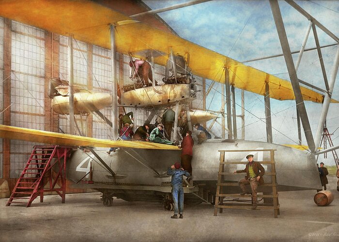 Color Greeting Card featuring the photograph Plane - Biplane - Getting ready for a long flight 1919 by Mike Savad