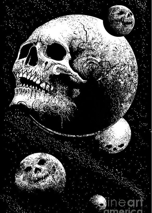 Tony Koehl; Sketch The Soul; Planets; Skull; Earth; Decay; Planetary Decay; Moon; Space; Black And White; Teeth; Death; Metal Greeting Card featuring the mixed media Planetary Decay by Tony Koehl