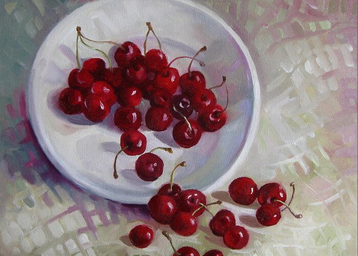 Cherries Greeting Card featuring the painting Plate with cherries by Elena Oleniuc
