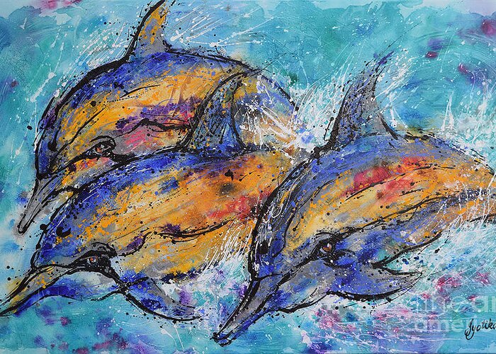 Dolphins Greeting Card featuring the painting Playful Dolphins by Jyotika Shroff