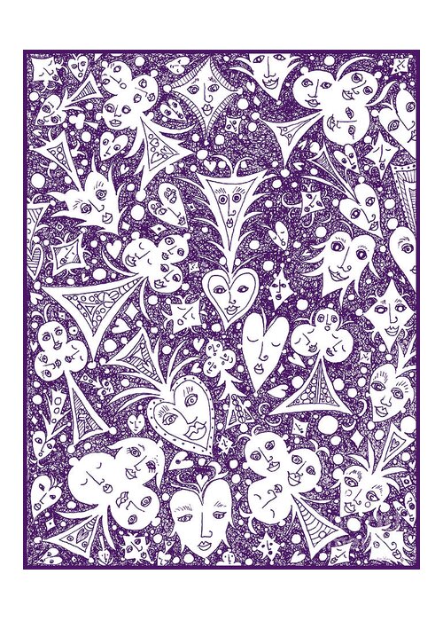 Lise Winne Greeting Card featuring the drawing Playing Card Symbols with Faces in Purple by Lise Winne