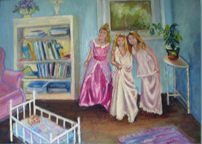 Children Greeting Card featuring the painting Playing Dress-Up by Bonita Waitl