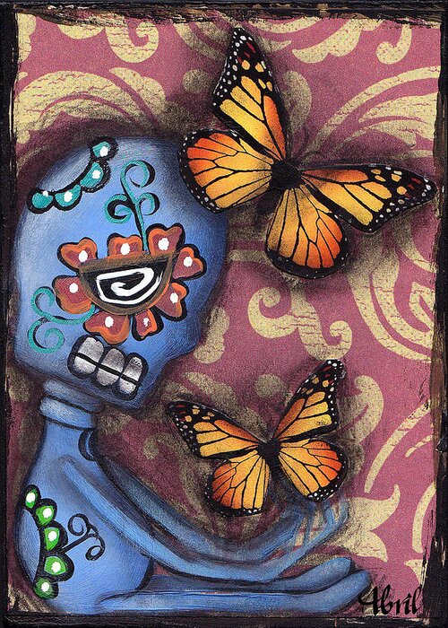 Day Of The Dead Greeting Card featuring the painting Playing with Monarchs by Abril Andrade