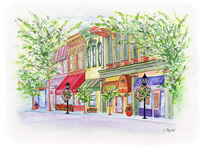 Ashland Oregon Greeting Card featuring the painting Plaza Shops by Lori Taylor