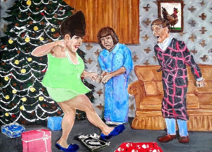 Divine Christmas Cha-cha Heels 1974 Female Trouble John Waters Cult Film Betty Woods Roland Hertz Baltimore Cookie Mueller Dawn Davenport Transvestite Greeting Card featuring the painting Please Dawn Not on Christmas by Jonathan Morrill