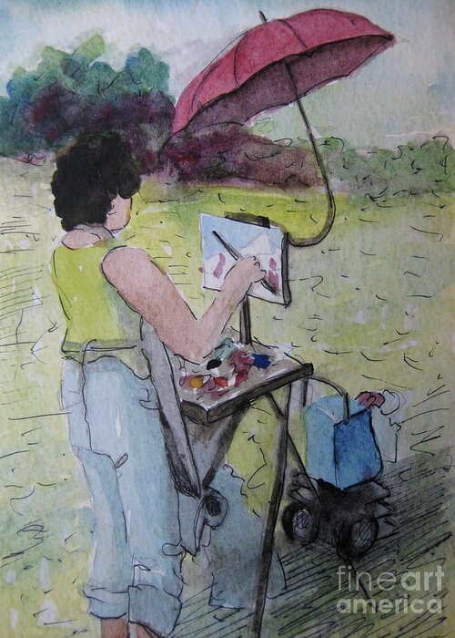 Umbrella Greeting Card featuring the painting Plein-Air Artist Sandra by Gretchen Allen