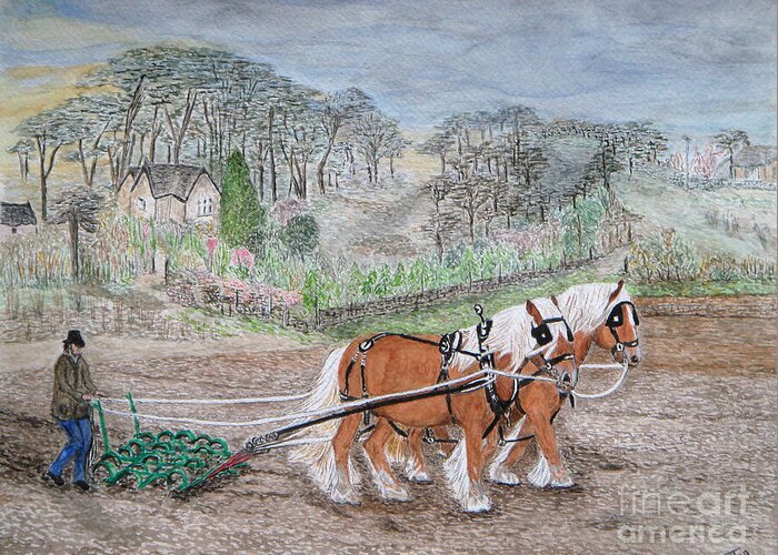 Landscape Greeting Card featuring the painting Plough Horses by Yvonne Johnstone