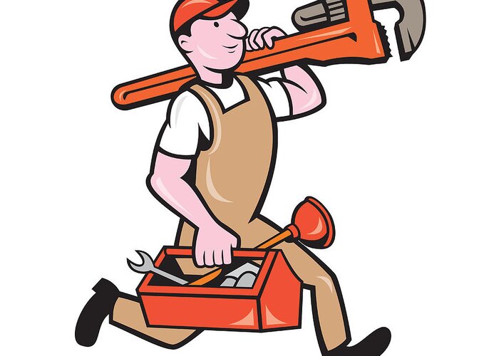 Plumber Greeting Card featuring the digital art Plumber Carrying Monkey Wrench Toolbox Running by Aloysius Patrimonio