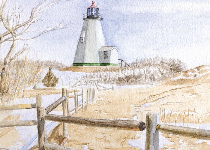 Lighthosue Greeting Card featuring the painting Plymouth Light in Winter by Dominic White