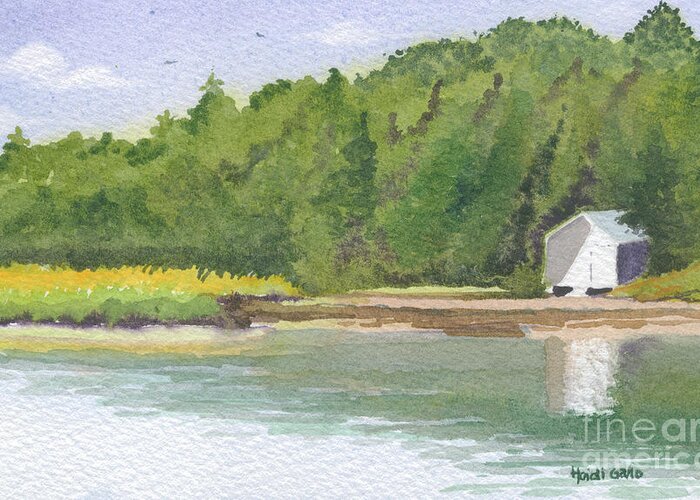 Watercolor Greeting Card featuring the painting Pochet Island Boat House by Heidi Gallo