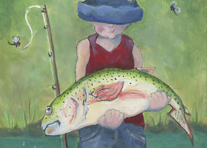 Boy Greeting Card featuring the painting Pocket Fisherman by Robin Wiesneth